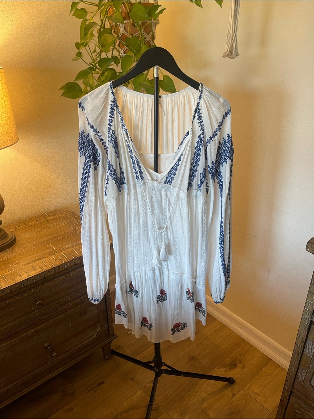 Free People Wild Horses White Mini Dress with Navy Embroidery